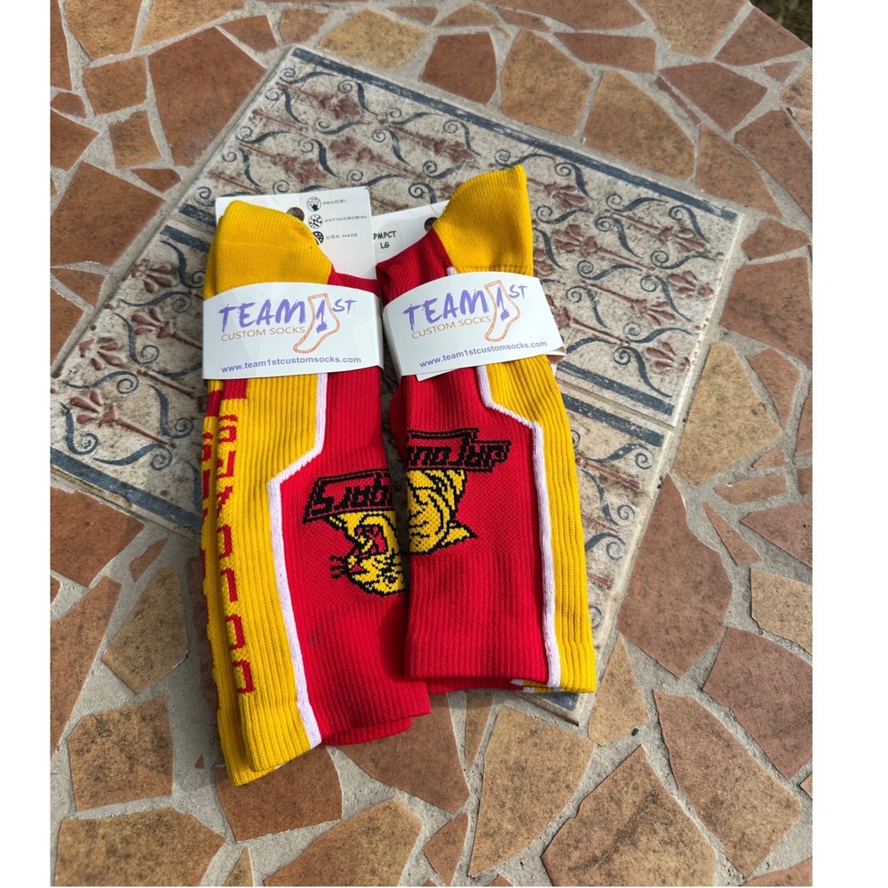 Team 1st Custom Socks Men Red Yellow Cougars Mascot Crew Socks 2 Pair Pack LG